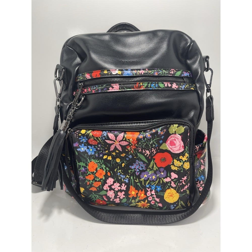 Opage Black Backpack Purse with Floral Print & Tassle